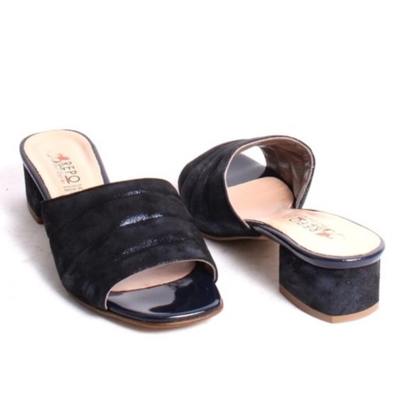 ITALIAN Navy Nubuck Leather Slides Heels Sandals - Picture 2 of 8